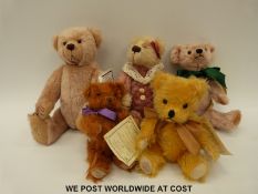 Five Deans Rag Book teddy bears, including Little Willie, Paddy and Herbert,
