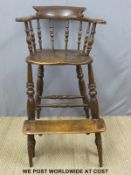 An unusual 19thC elm-seated auctioneer's / clerk's / umpire's high chair with footrest with