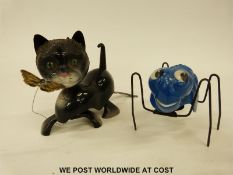 Two Tri-ang Minic clockwork animals a cat with a butterfly and a spider