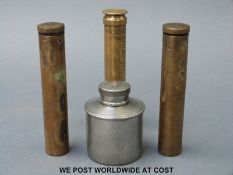 G & JW Hawksley pewter oil bottle together with a telescopic brass shot and powder measure and two