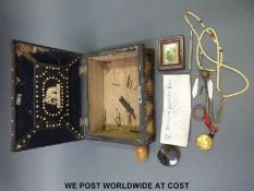 A porcupine quill box continuing a quantity of collectables to include agate box, coin, brooch,