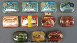 Eleven vintage gramophone needle tins to include Edison Bell, Songster, Columbia,