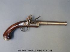 J Smith London Queen Anne flintlock hammer action belt pistol with six inch screw off cannon barrel,