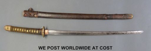 Shin Guto WWII Japanese katana old family blade straight leather field cover