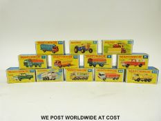 Twelve Matchbox Lesney 1-75 series diecast model vehicles 1, 2, 6, 16, 39, 44, 50, 51, 58, 61,