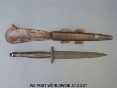 Fairbairn Sykes style fighting knife with 17cm double edged blade and chequered handle in original