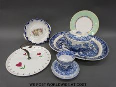 A Willow pattern meat plate, Spode Blue Italian tureen, teapot stand and bowls,