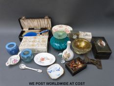 A mixed collection of items to include a musical tooled leather jewellery box, silver plated clock,