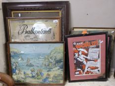 A quantity of framed pictures including comic book interest,