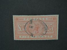 £5 orange on white paper, 1867-83, SG137, used with light central oval Threadneedle street postmark.