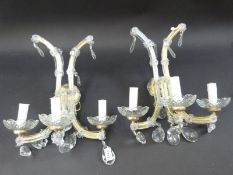 A pair of 3 branch glass wall mounted lights