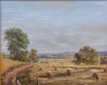 P Bradshaw oil on canvas stooks being harvested with extensive landscape beyond, signed lower right,