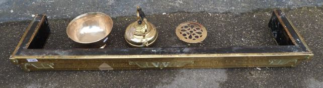 A brass fender, spirit kettle, plated pedestal bowl.