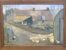 Naive oil on board shepherd, dog and flock with lambs, marked to frame verso J.