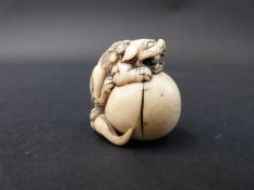 A Japanese Meiji period carved ivory netsuke of a mythical lion or komainu mounting a sphere,