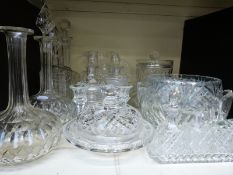 A quantity of glassware including hobnail cut decanter,