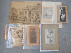 A quantity of pencil drawings and other pictures to include E.W.Cooke R.