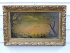 19thC oil on board Dutch frozen lake scene with buildings beyond,