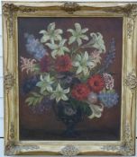 Oil on canvas of flowers in a vase,