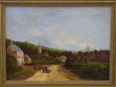 A Grillet 19thC oil on canvas, group of people on a track with houses and church,