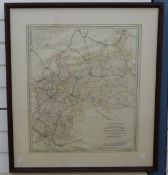 Framed Cruchley's county map of Gloucester showing railways, stations, roads etc.