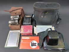 A collection of cameras, opera glasses, Miranda binoculars, cigarette case/lighter, Rolls razor etc.