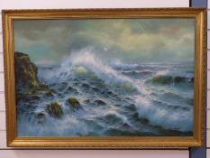 June Nelson oil on canvas seascape in gilt frame,