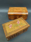 A wooden puzzle box with secret compartment and a Tunbridge ware box
