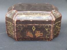A 19thC Chinese shaped lacquer two-division tea caddy with gilt decoration and pewter or Pak Tong