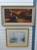 Watercolour 'The Itchen at Twyford' 35x46cm and a French oil 39x69cm