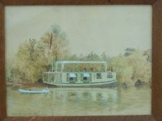 Frank Galsworthy Victorian watercolour of a houseboat with smaller boat passing,