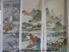 Four Japanese scroll paintings of mountainous scenes and another scroll painting