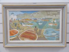 Oliver Heywood oil on canvas rowing boats in harbour,