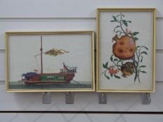 Five Chinese watercolours on rice paper featuring antiques, pomegranate, Chinese Junk, birds etc.