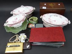 A collection of treen and ceramics including wooden box, AA badge, fountain pen, first day covers,