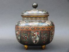 A Chinese cloisonne tea caddy decorated with dragons and mythical creatures and with aventurine