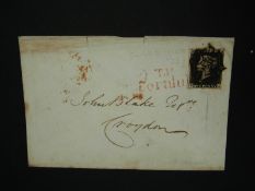 A 1d black stamp on cover MA with black Maltese Cross cancellation, postmarked February 6th 1841,