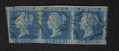 A strip of three 1841 2d blue stamps,