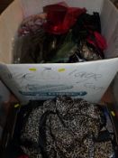 Three boxes of fancy dress wear to include outfits, gloves,