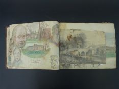 A leather bound art scrap book/portfolio impressed 'Houston' to spine, watercolours of Clerkington,