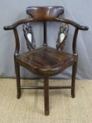 A Chinese rosewood chair with carved decoration and marble inset panels