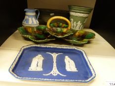 A collection of Wedgwood to include Jasper ware, majolica and a 1960's Wedgwood rose bowl.