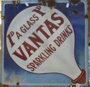 A vintage enamel advertising sign '1D A Glass Vantas Sparking Drinks' (51cm square)
