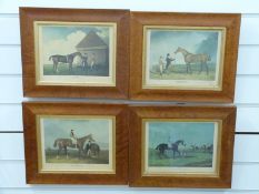 Four 19th century style horse racing prints in birds eye maple frames,
