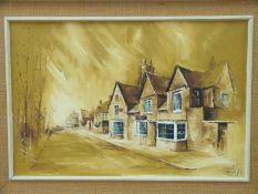 David Cartwright oil on canvas village scene possibly Stow on the Wold or similar Cotswold scene,