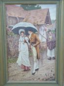 Victorian/early 20thC genre oil on canvas of a couple with umbrella walking away from a church with