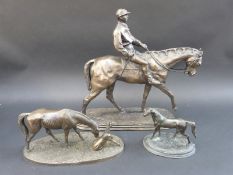 Oliver Tupton bronzed figure of a horse and jockey (37cm tall) together with two other bronzed