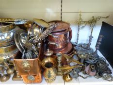 A large collection of brass and copper ware including Eastern jardineres,