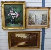 Three modern oils on canvas, comprising street scene signed Holmis 39x50cm,