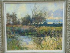 Charles Neal oil on board landscape River Deben North of Wickham market, Suffolk,